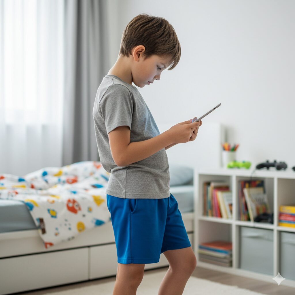 子供が姿勢を悪くゲームをしている姿